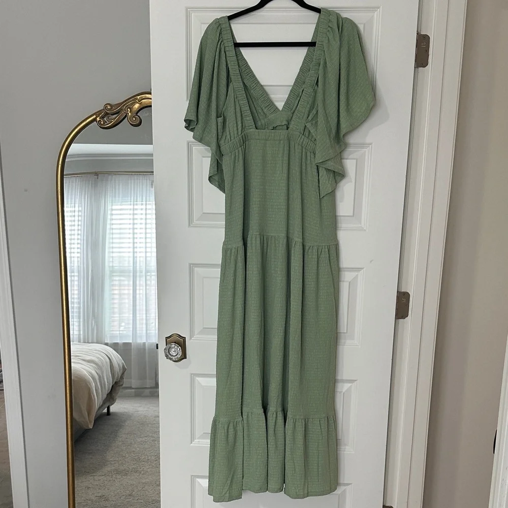 Sage Green V-Neck Tiered Maxi Dress with Flutter Sleeves - Picture 6 of 7